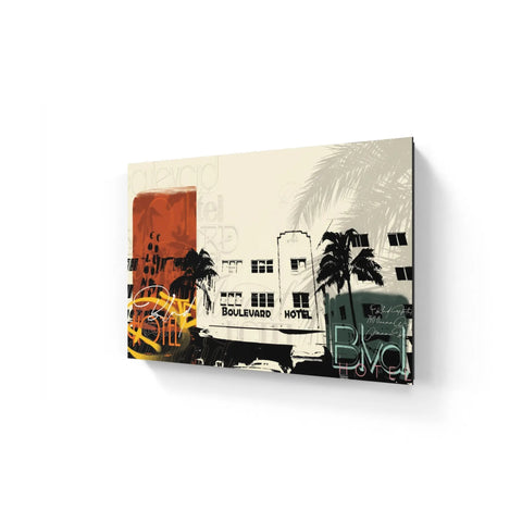 Canvas print depicting a stylized urban scene with the Boulevard Hotel and palm trees.