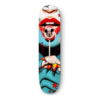 Skateboard deck with pop art-style graphic featuring red lips and a Mickey Mouse lollipop.