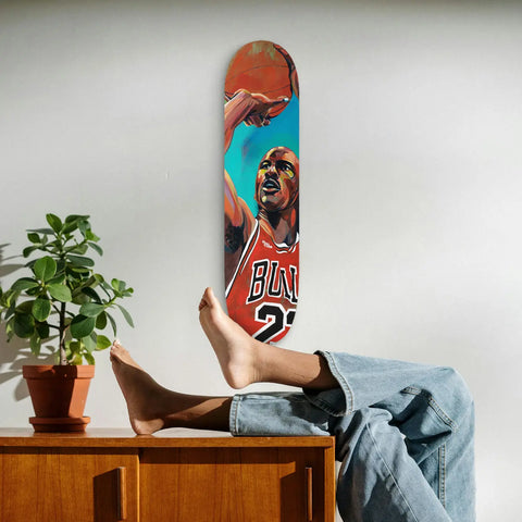 Basketball-themed skateboard deck featuring a player in a red Bulls jersey.