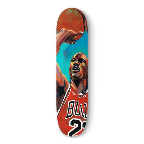 Basketball-themed skateboard deck featuring a painted portrait of a player in a red Bulls jersey.