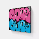 A painting of pink and blue balloons on a white wall