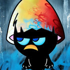 A cartoon character with a big head and blue eyes
