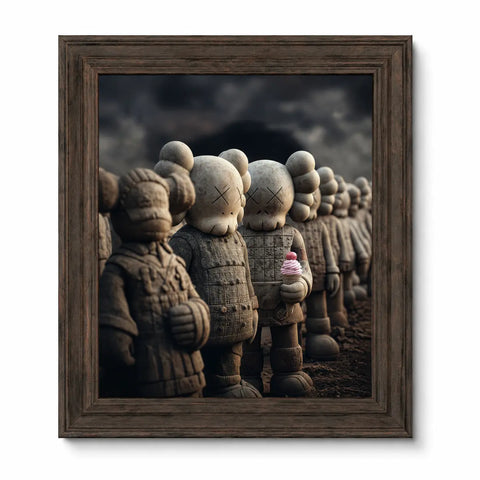 A framed original aluminium artwork titled china terracotta kweam featuring gray kaws-style figures with x’d eyes and textured armor