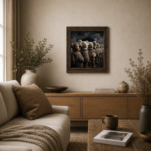 Dark wooden-framed original aluminium artwork depicting a row of stylized terracotta kweam figurines in muted earth tones