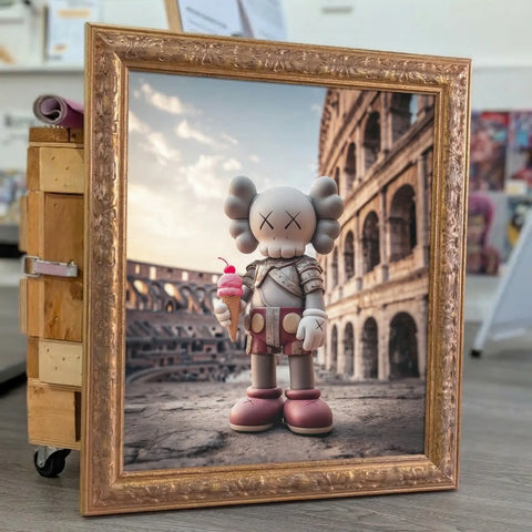 A gray kaws figure in armor holding a pink ice cream cone stands inside an ornate gold picture frame.