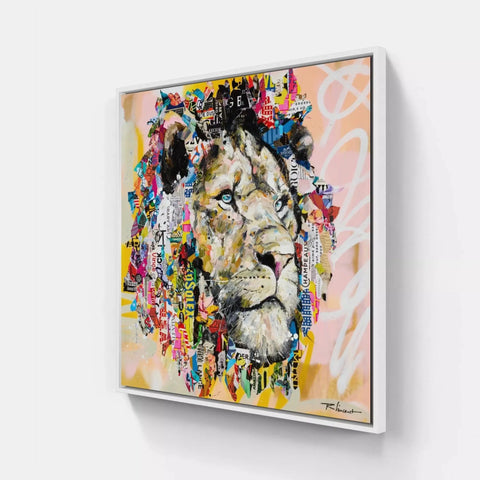 A painting of a lion with colorful paint strokes
