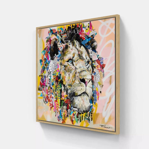 A painting of a lion with colorful paint and a wooden frame