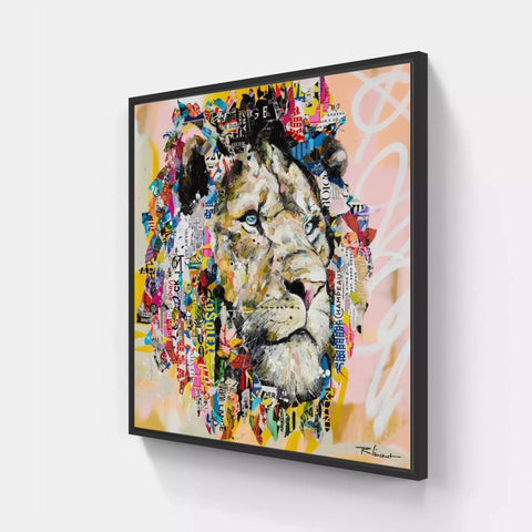 A framed painting of a lion with colorful graffiti art