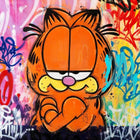 A painting of a cat with graffiti on it