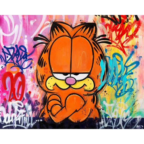 A painting of a cat with graffiti on it