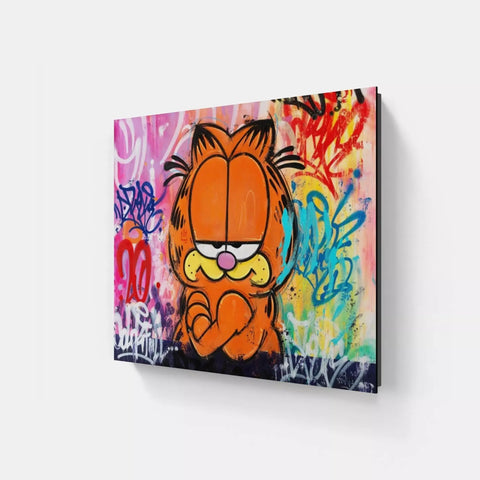 A painting of a cat with graffiti on it