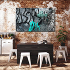A large painting on a brick wall in a dining room
