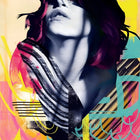 Colour sparkle limited edition aluminium print features vibrant abstract portrait of woman with bold red and black hair