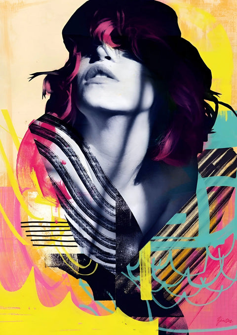 Colour sparkle limited edition aluminium print features vibrant abstract portrait of woman with bold red and black hair