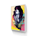 Vibrant abstract portrait art in a sleek white frame featuring bold yellow pink and black white graphic elements in aluminium