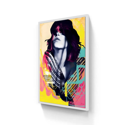Vibrant abstract portrait art in a sleek white frame featuring bold yellow pink and black white graphic elements in aluminium