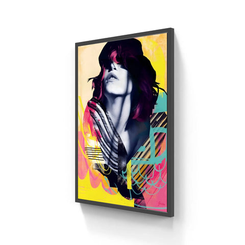 Vibrant abstract portrait art in a sleek black aluminium frame with bold yellow and pink hues color sparkle limited edition