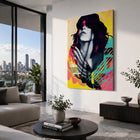 Vibrant pop-art portrait canvas with dark hair and bold yellow pink teal black color blocks limited edition aluminium
