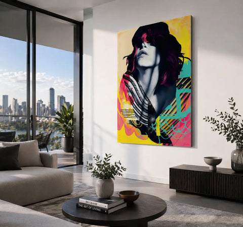 Vibrant pop-art portrait canvas with dark hair and bold yellow pink teal black color blocks limited edition aluminium