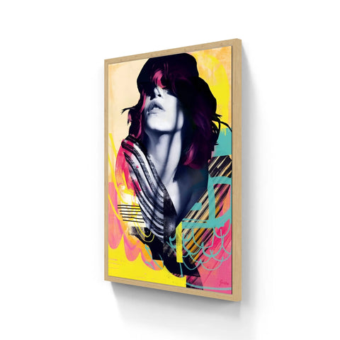 Colour sparkle limited edition aluminium vibrant abstract portrait art with bold yellow pink and black white stylized hair in wood frame