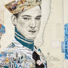 Collage portrait of a man wearing a patchwork beret made from vintage newspaper clippings and fabric scraps, layered over a map background.