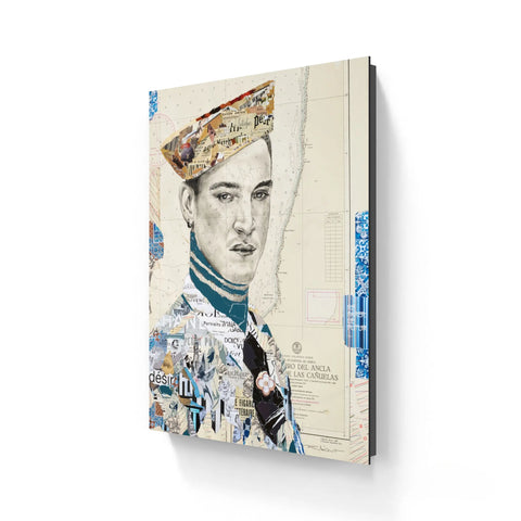 A mixed-media collage portrait of a man wearing a newspaper-topped hat and layered clothing, set against an aged map background.