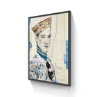 A framed mixed-media portrait featuring a man in a collage of newspaper clippings and vintage documents, set against an off-white background with blue accents.