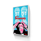 Pop art style canvas print featuring two blue skulls wearing beanie hats above a pink and black chimpanzee with the word ’Consumers’ in red text.
