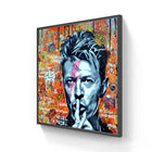Portrait-style artwork featuring a blue-tinted face making a ’shh’ gesture against a vibrant graffiti background.