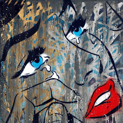 Abstract portrait featuring bright blue eyes and vivid red lips against a textured, graffiti-like background.