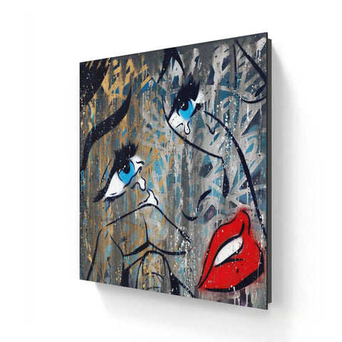 Abstract portrait painting featuring vibrant blue eyes and red lips against a textured gray background.