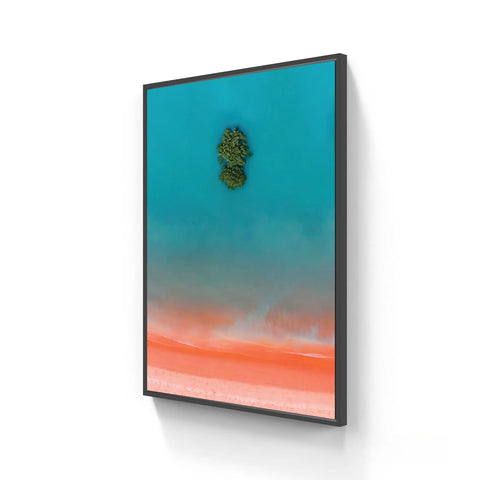 Framed aerial landscape art.
