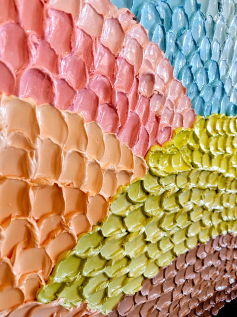 Textured impasto painting with colorful palette.