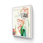 A framed artwork featuring a stylized illustration of a woman in profile, wearing an orange and white striped headscarf and a green garment with abstract patterns.