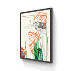 A framed artwork featuring a stylized illustration of a woman in profile, wearing an orange and white striped headscarf and a green swimsuit with bold graphic elements.