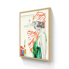 A framed artwork featuring a stylized illustration of a woman in an orange and white striped headscarf, wearing a green swimsuit with black accents.
