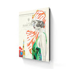 A vibrant, stylized illustration of a woman in an orange and white striped headscarf and green dress on a framed canvas.