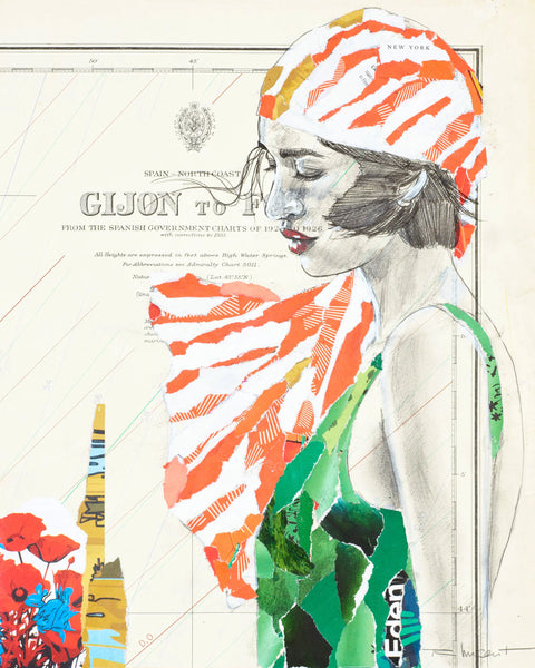 A woman wearing a vibrant orange and white striped headscarf with green accents.