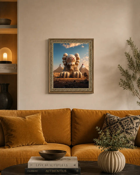 A framed original aluminium artwork titled egypt featuring a beige textured kaws-style character on a desert landscape