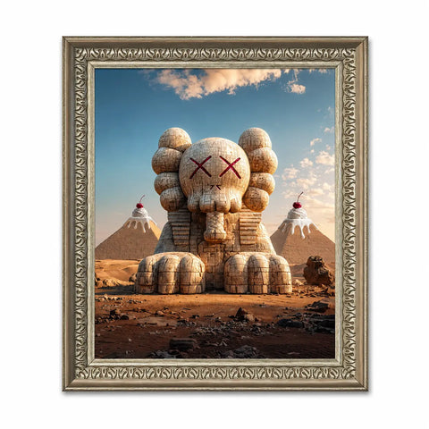 A framed original aluminium artwork titled Egypt featuring a beige kaws-style sculpture with red x eyes and cherries on ice cream cones