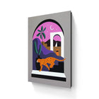 A painting of a cat and a cactus in a window