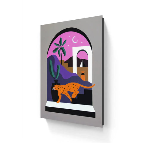 A painting of a cat and a cactus in a window