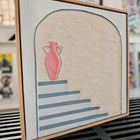 Framed painting of a vase on stairs.