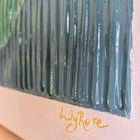Painting with thick, vertical brushstrokes in shades of blue and green, signed ’LadyRose’ at the bottom.