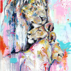 A painting of a lion with colorful paint strokes