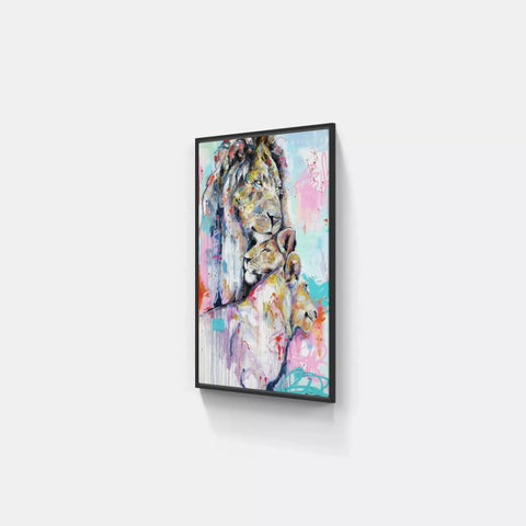 A painting on a wall with a lion