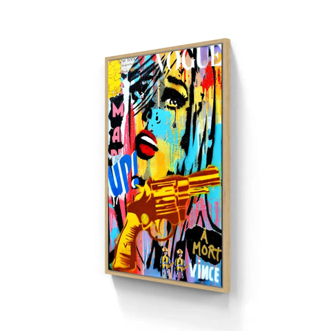 Vibrant pop art painting featuring a stylized portrait with bright colors, graffiti elements, and a golden gun motif.