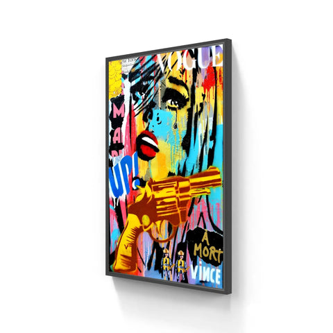 Vibrant pop art painting featuring a stylized portrait with a golden gun against colorful graffiti-style elements.