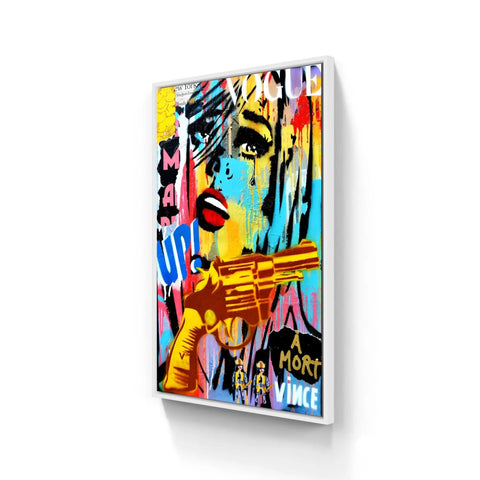 Colorful pop art painting featuring an abstract portrait with a golden gun motif.