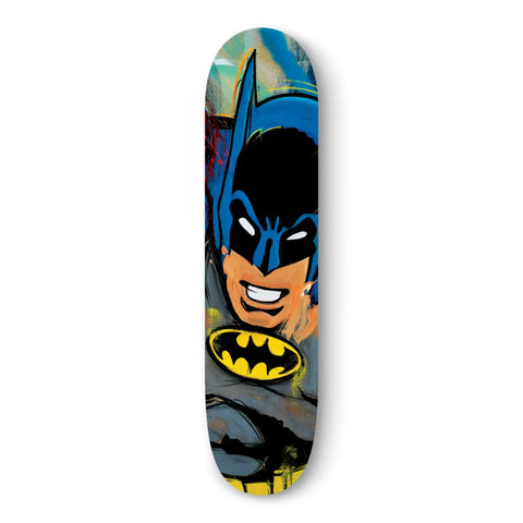 Skateboard deck featuring a colorful Batman graphic design.